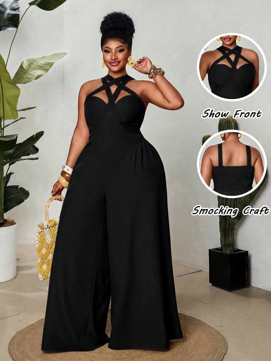 Plus Size Women's Spring/Summer New Avocado Green Halter Neck Jumpsuit