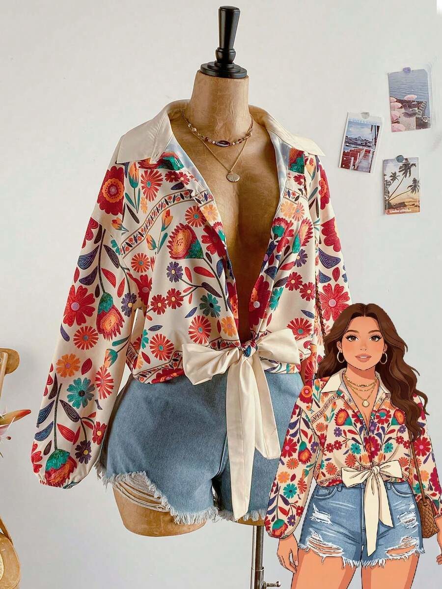Women's Plus Size Blue And White Long Sleeve Tie-Front Blouse, Autumn/Winter