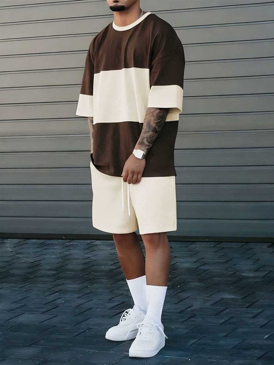 Men's Color Block Round Neck Short Sleeve Casual T-Shirt & Drawstring Shorts Set