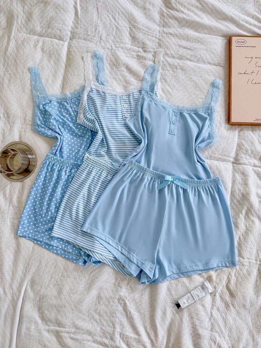 Casual Fitted Faux Placket Lace Patchwork Printed Camisole & Shorts Pajama Set