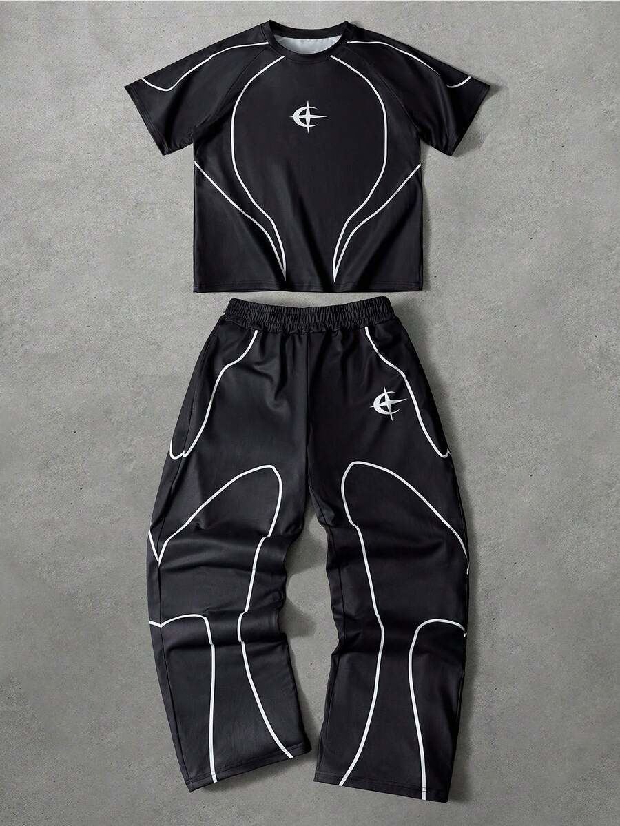 Men's Break Sportswear Multi-Layer Line Motorbike Style Short-Sleeve Pants Suit