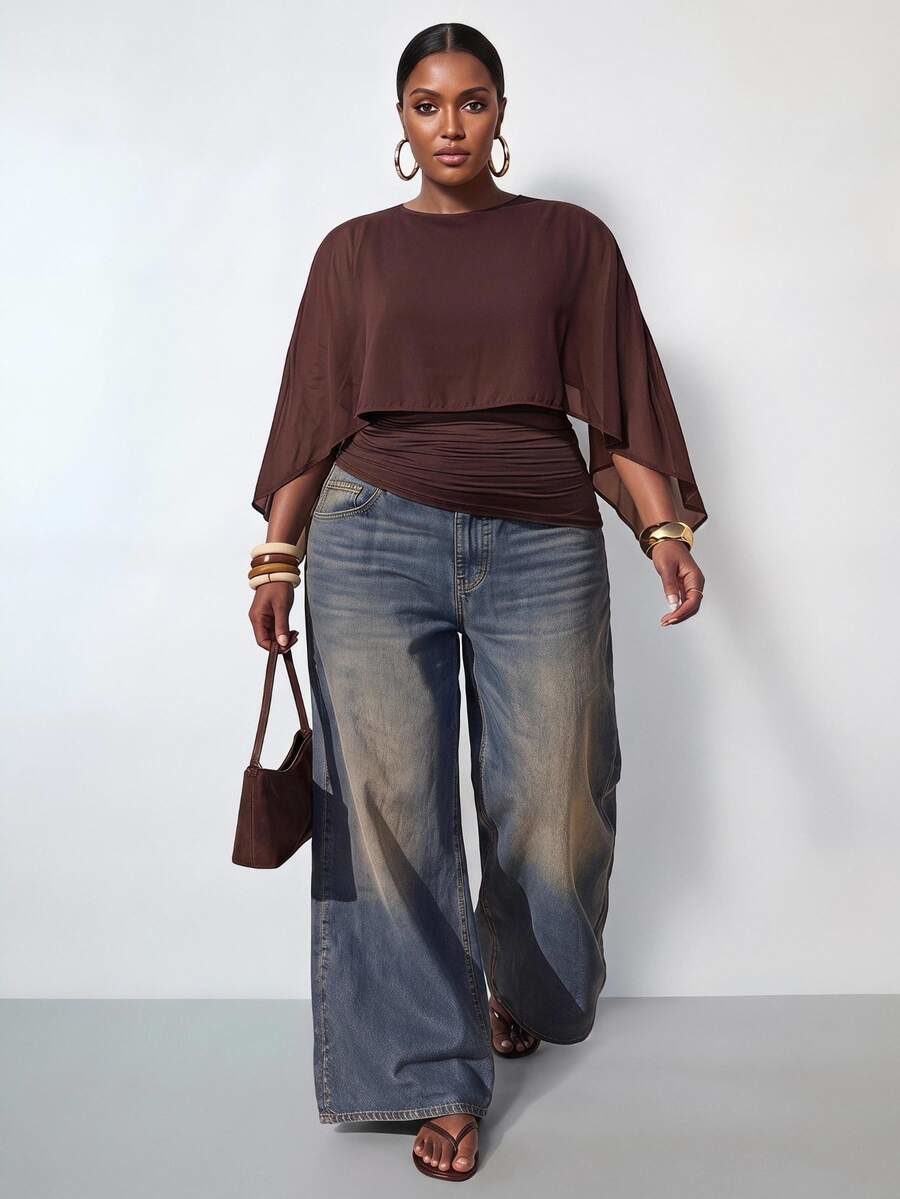 Autumn Commuter Elegant Casual Brown Chiffon Shawl Cape Women's Plus Size Top