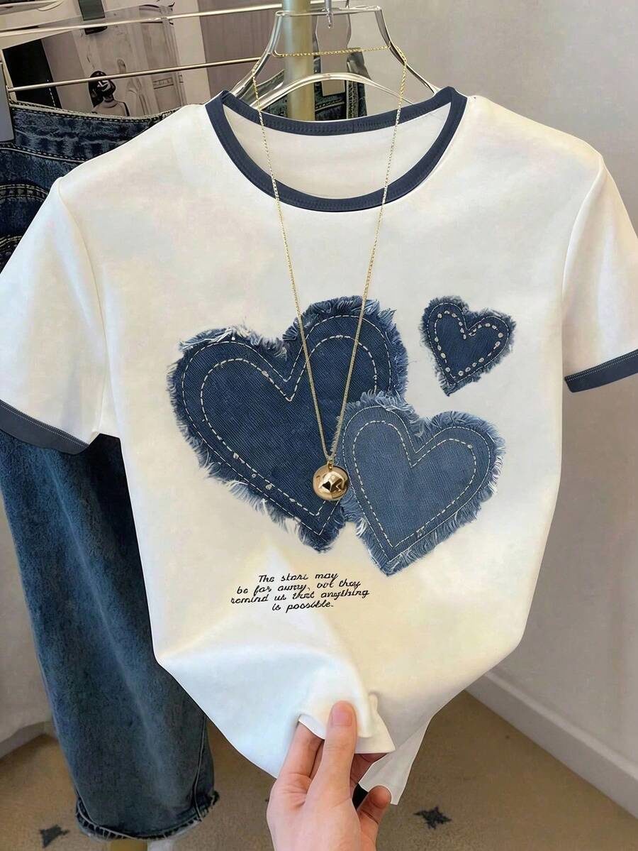 Tween Girls Heart Print Short Sleeve White Summer Casual School Top