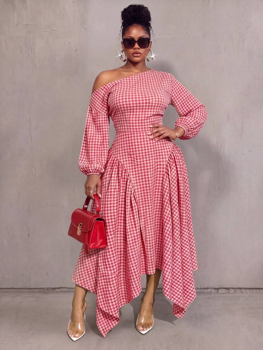 Plus Size Women's Plaid Asymmetrical Shoulder Long Sleeve Elegant Dress