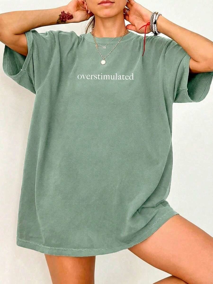 Oversized Women's Casual Overstimulated Graphic Short Sleeve T-Shirt Summer