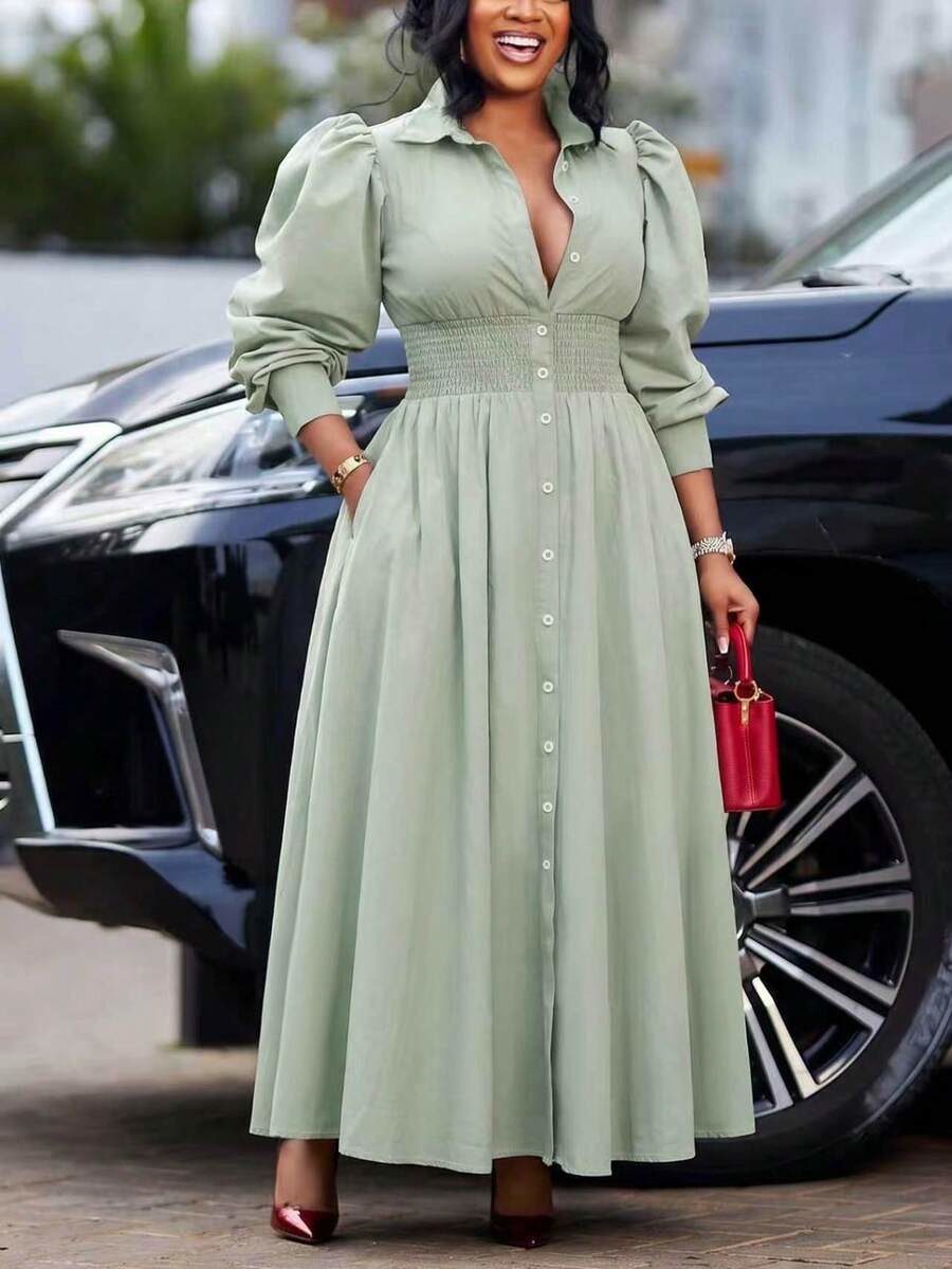 French Fresh Style Light Green Plus Size Women's Shirred Waist Blouse Dress