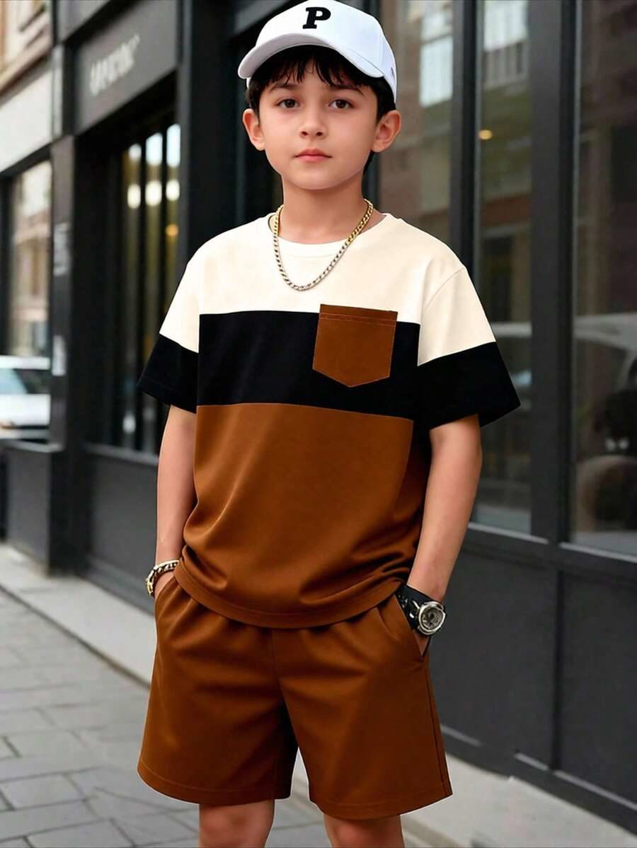 2pcs/Set Boys' Casual Modest Colorblock Round Neck T-Shirt Set