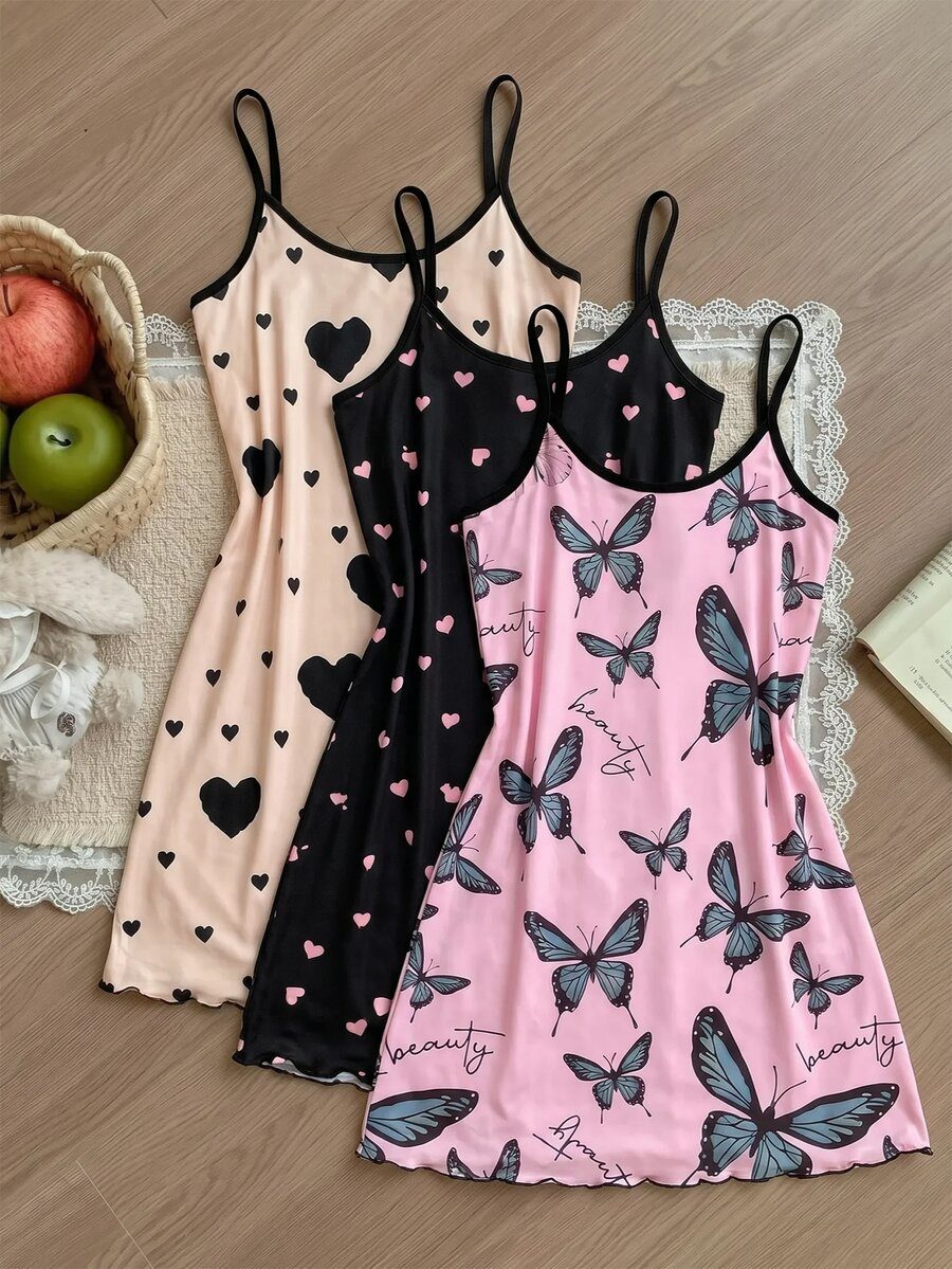 3pcs Women Heart & Bow Print Knit Camisole Nightgown Set