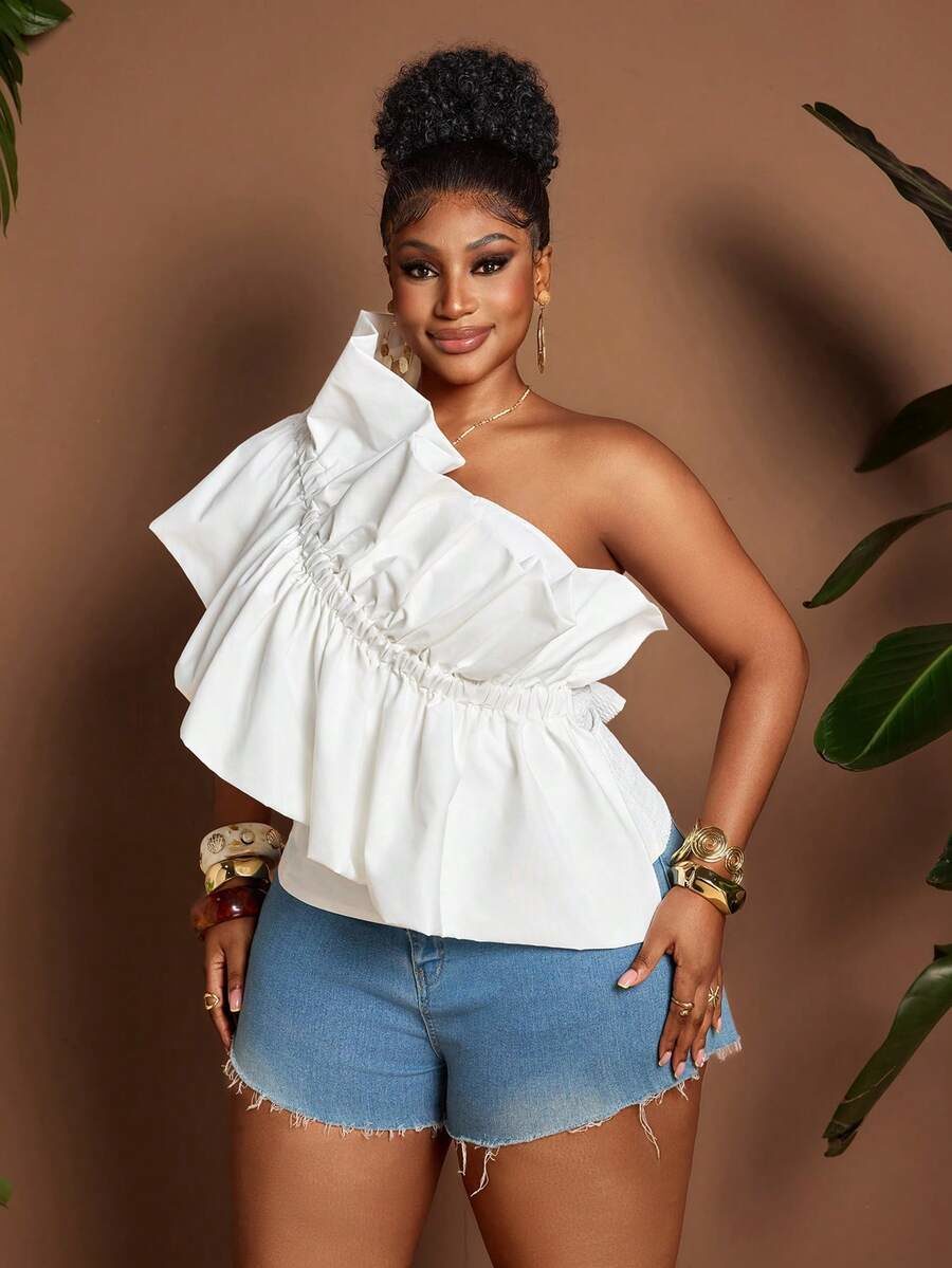 Plus Size Versatile Ruched Romantic Shoulder Blouse