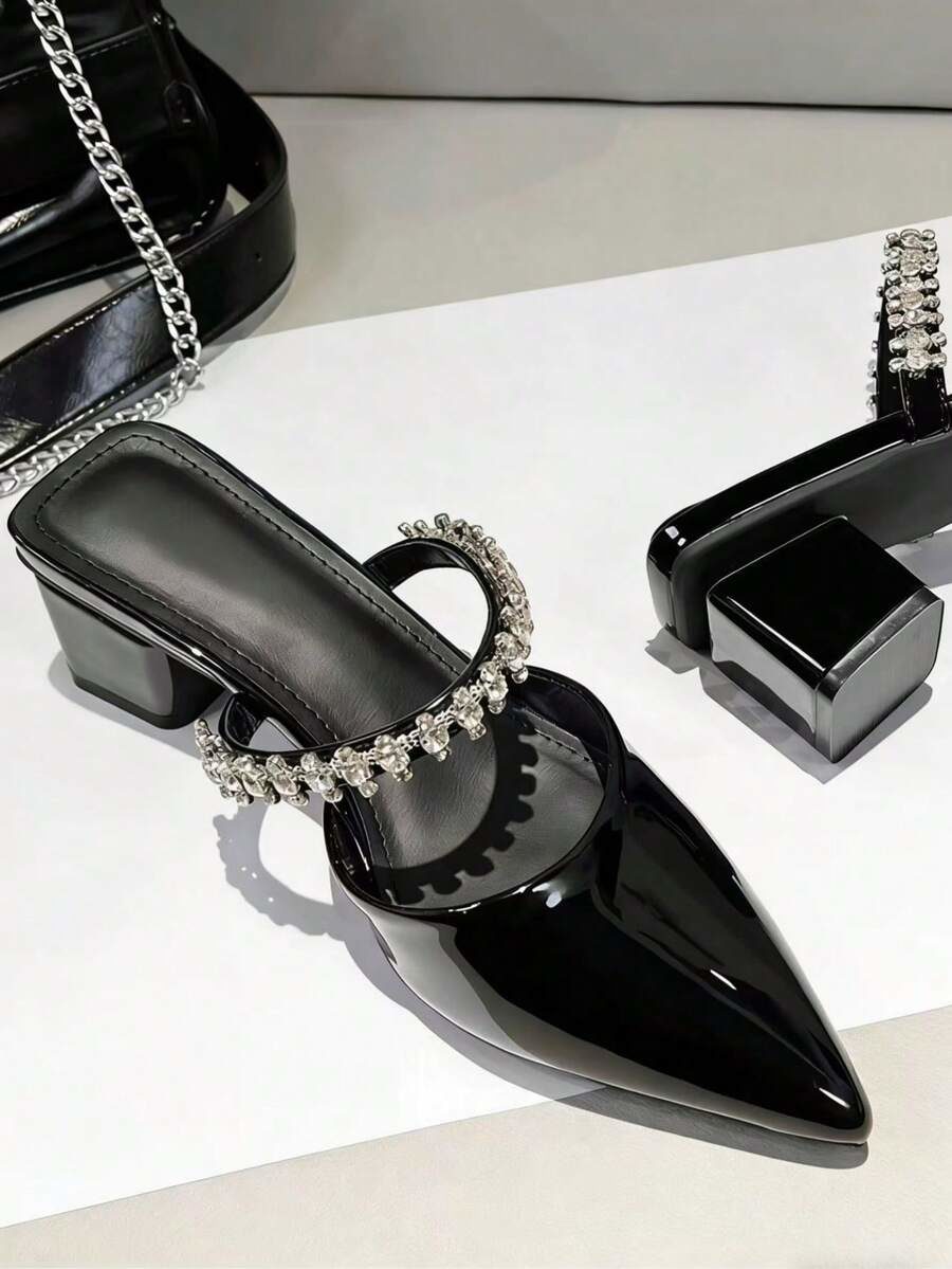 Toe Mule Slides French Gorgeous Crystal Silver Mid Heel Backless Mule Sandals