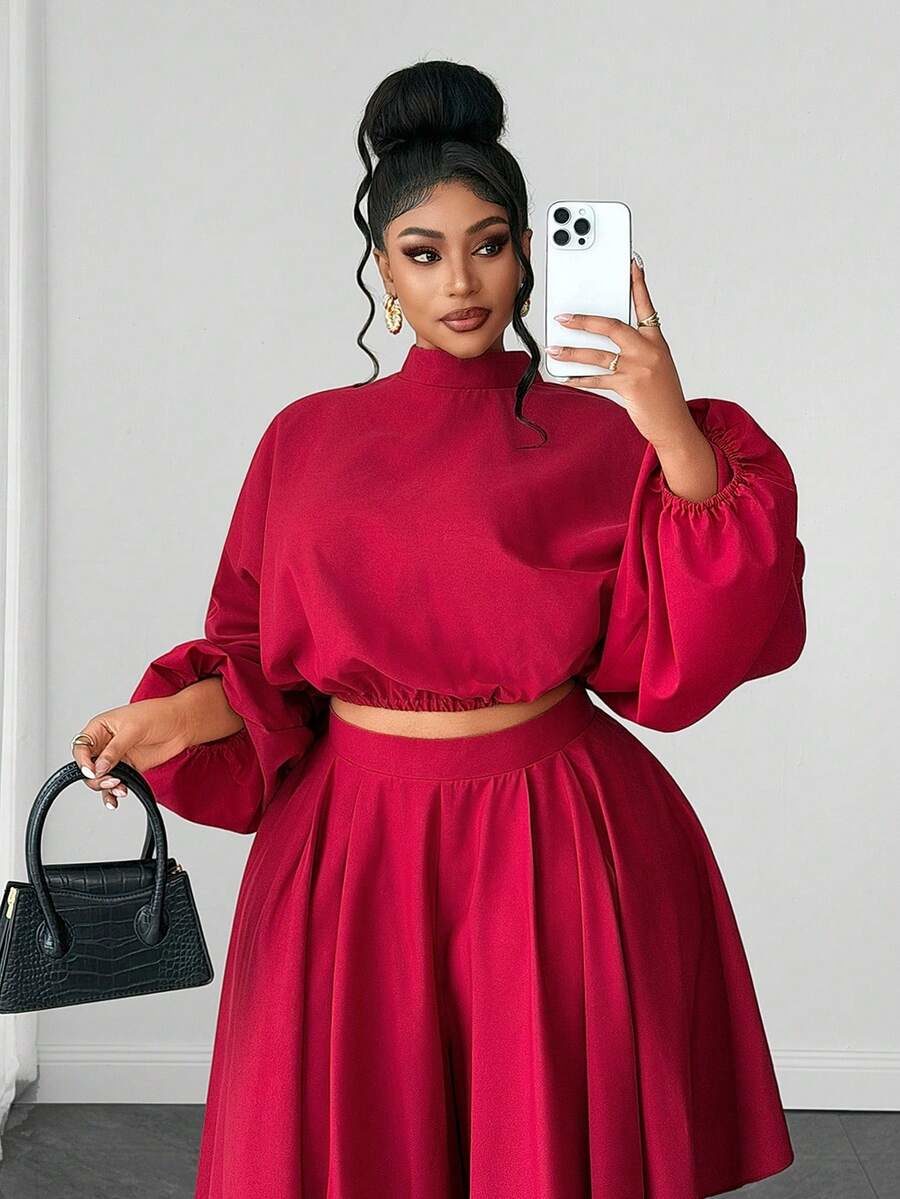 Plus Size Women Solid Color Stand Collar Top And Pants Fashion Set Fall