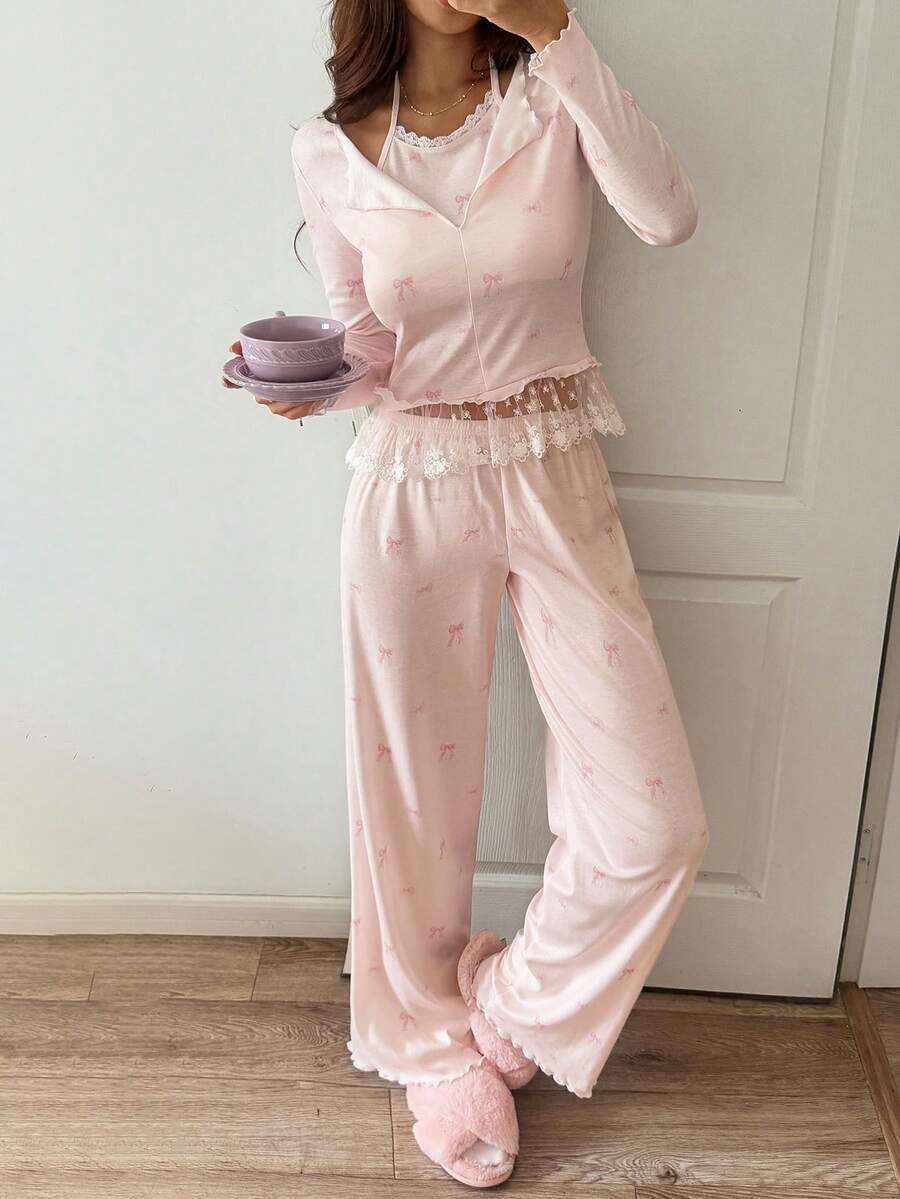 Women's Lace Patchwork Bow Print Top And Pants Pajama Set
