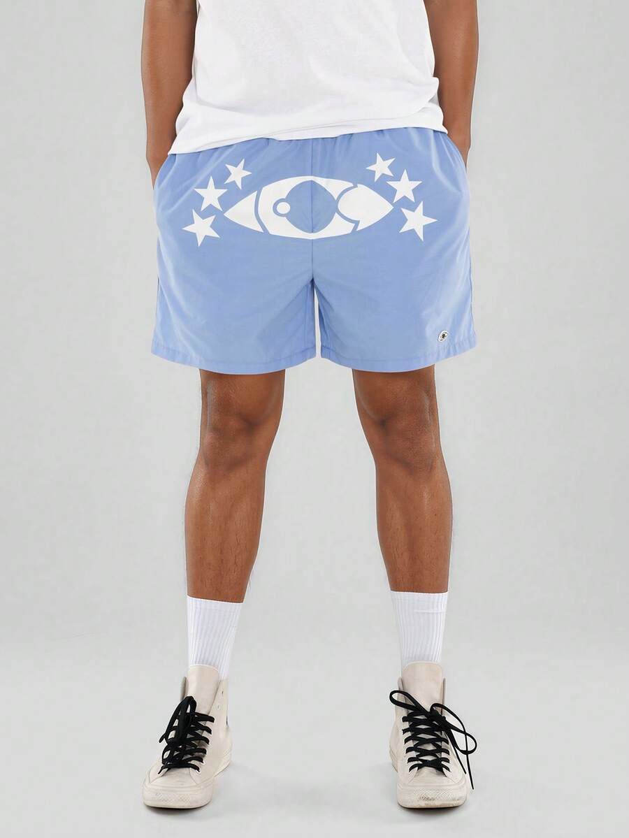 Men's Loose Waist Elastic Waist Printed Light Blue Shorts
