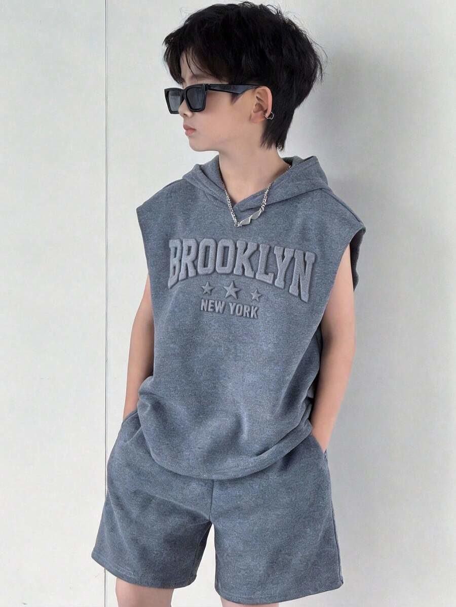 2pcs Tween Boy Casual Hooded Sleeveless Top