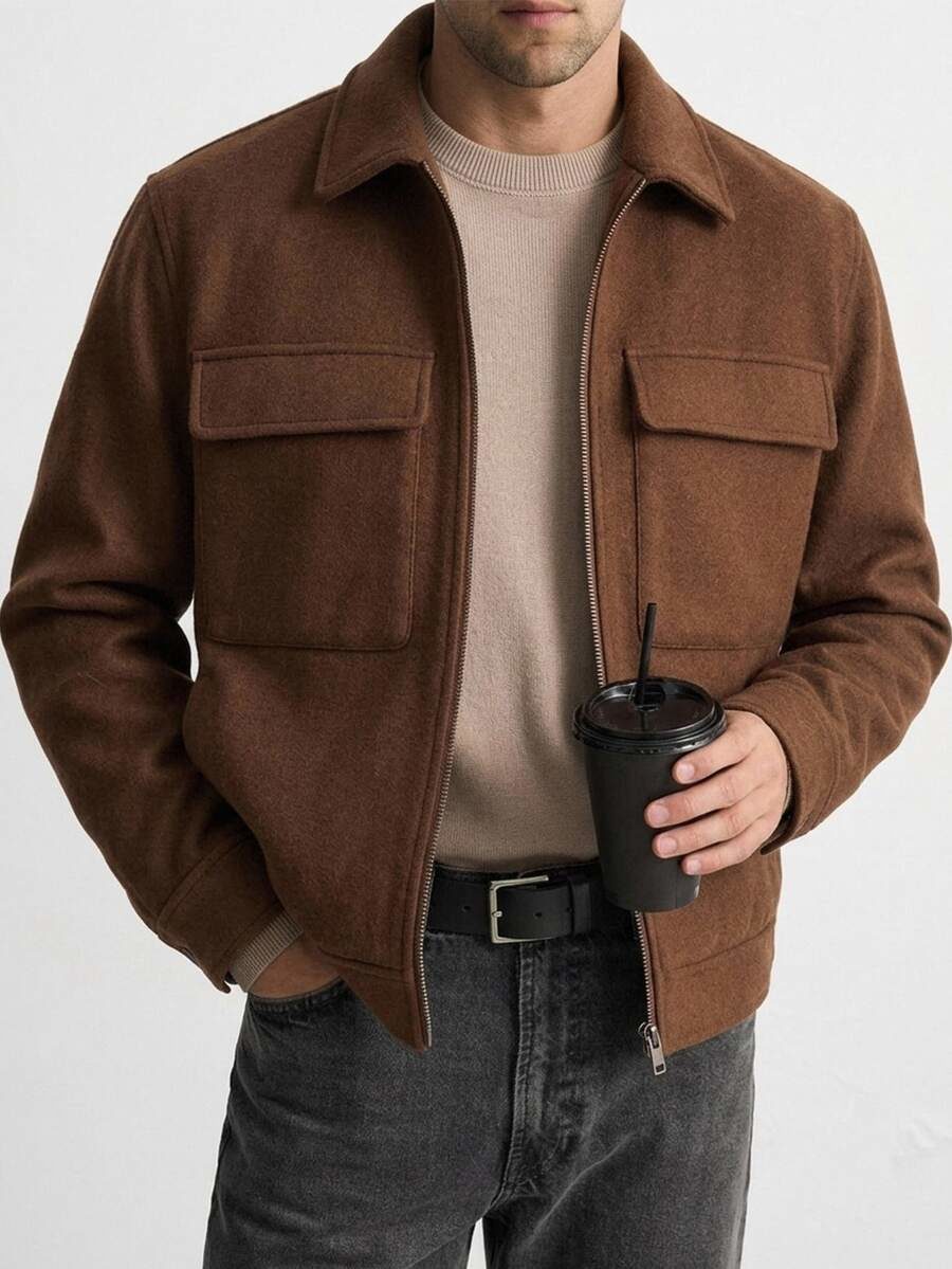 's Brown Wool Blend Jacket And Coat With Large Front Pocket And Lapel Collar