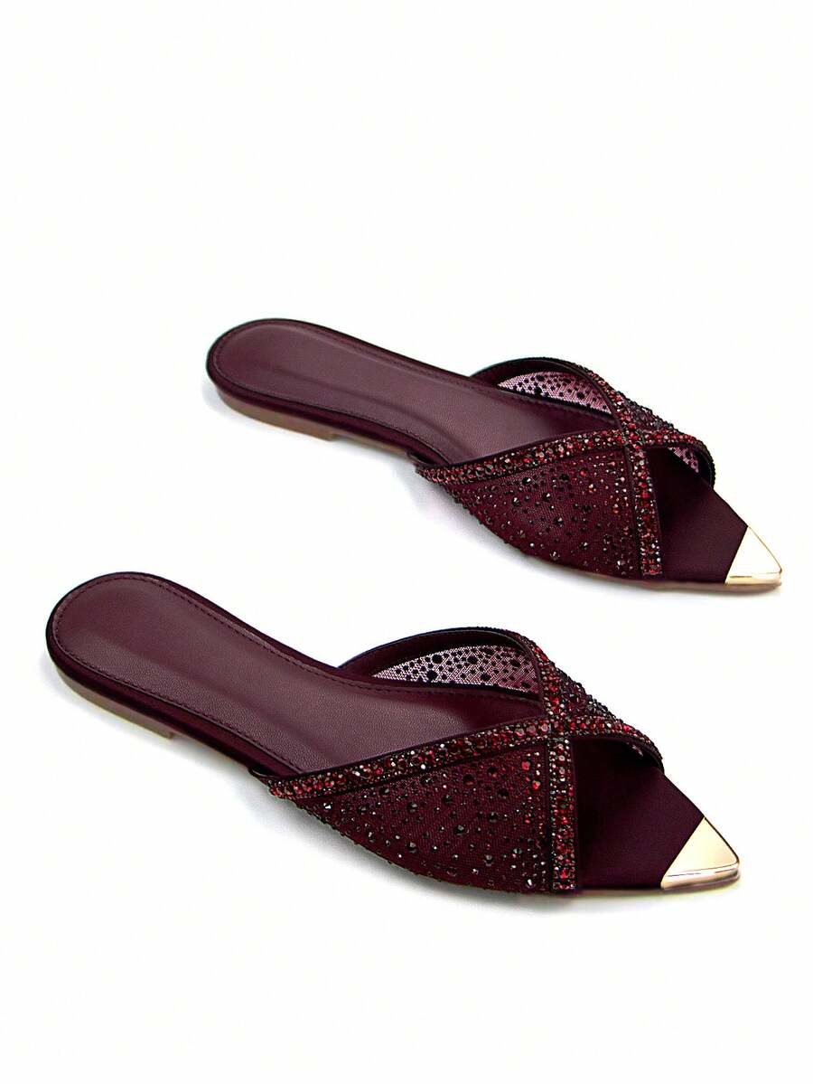 Women's Fashion Gold Metal Toe Rhinestone Decor Mesh Hollow Pointed Toe Comfortable Flat Mule Sandals