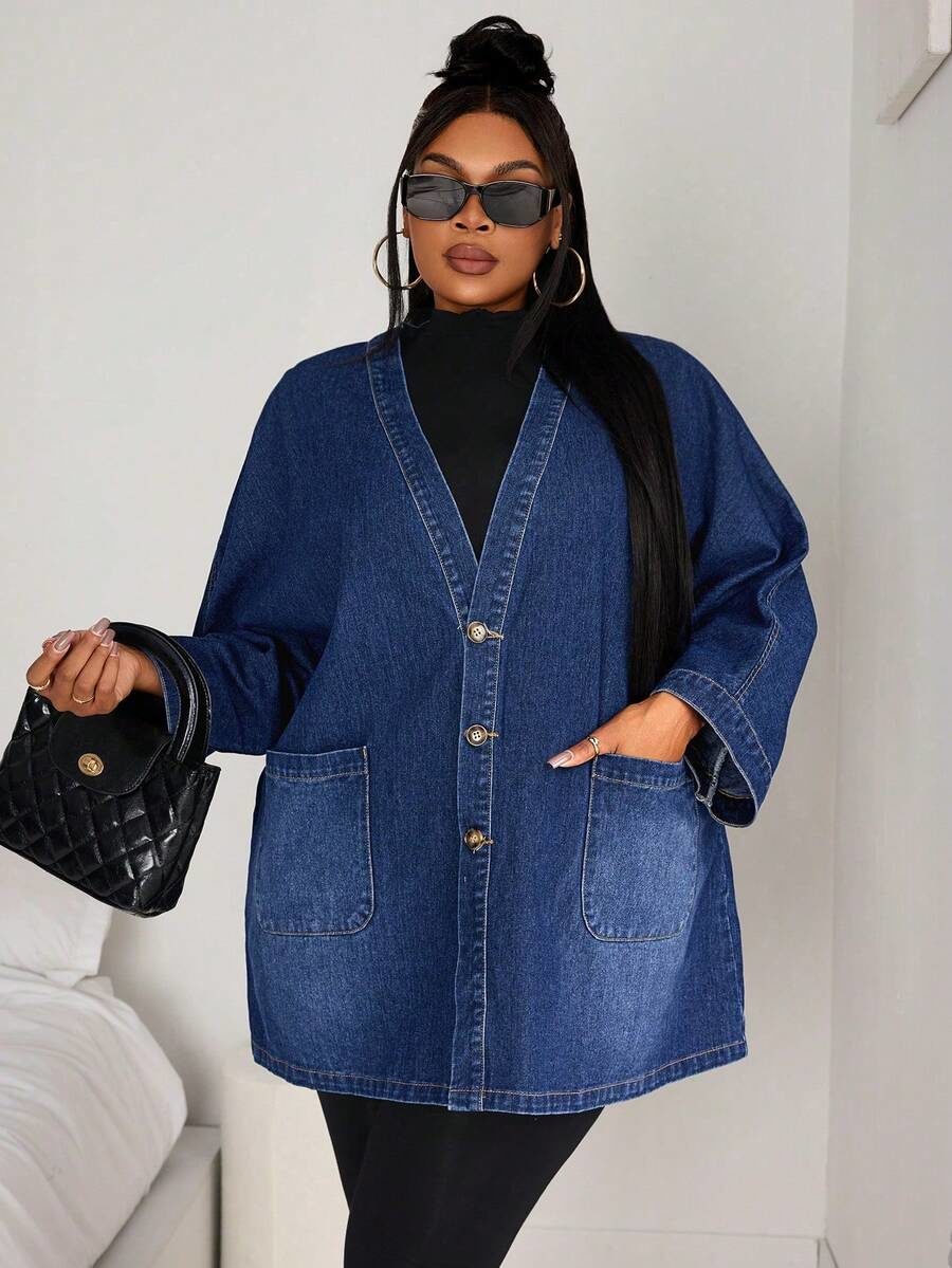 Plus Size Pocket Casual Christmas Women Thanksgiving Women Poncho Denim Coat