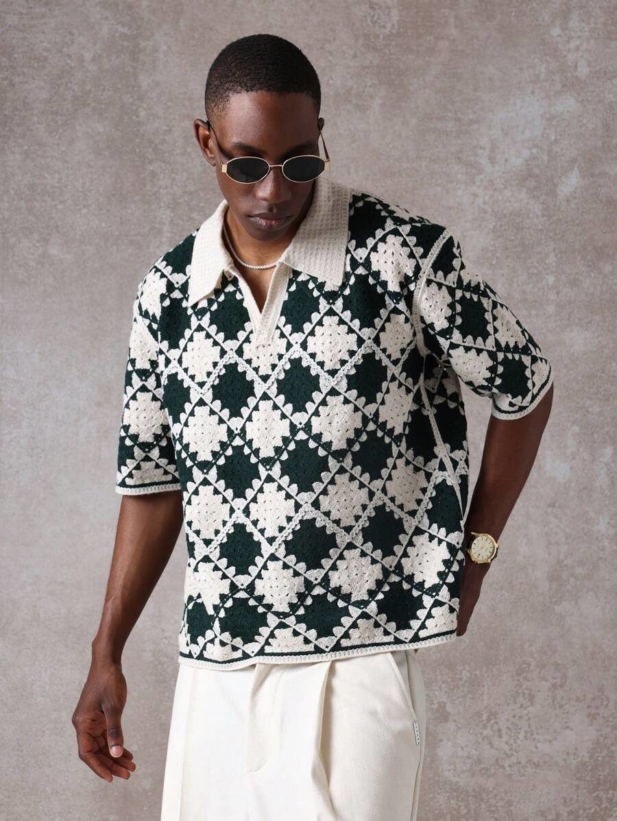 Luxury Designer Crochet Polo Sweater