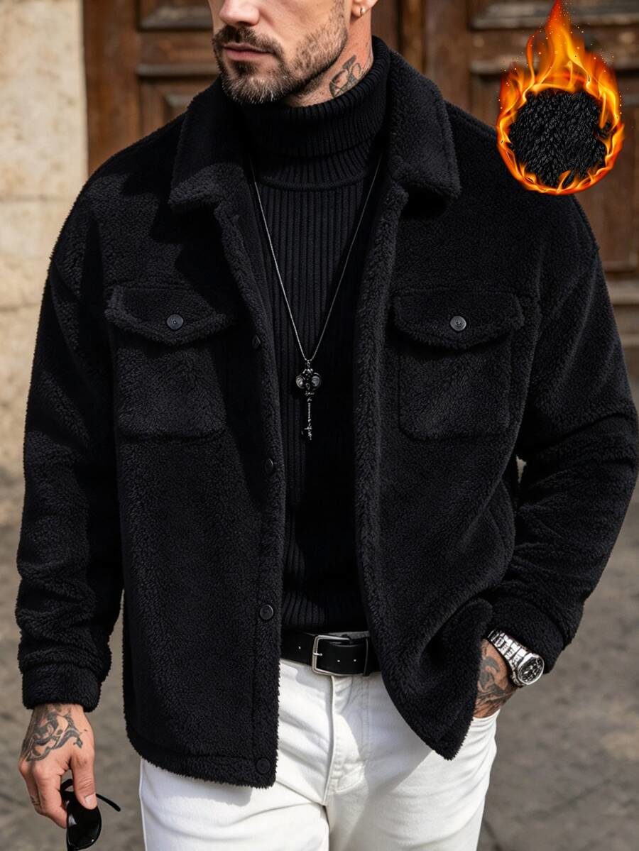 Men's Black Coral Fleece Loose Fit Versatile Slouchy Casual Button Jacket