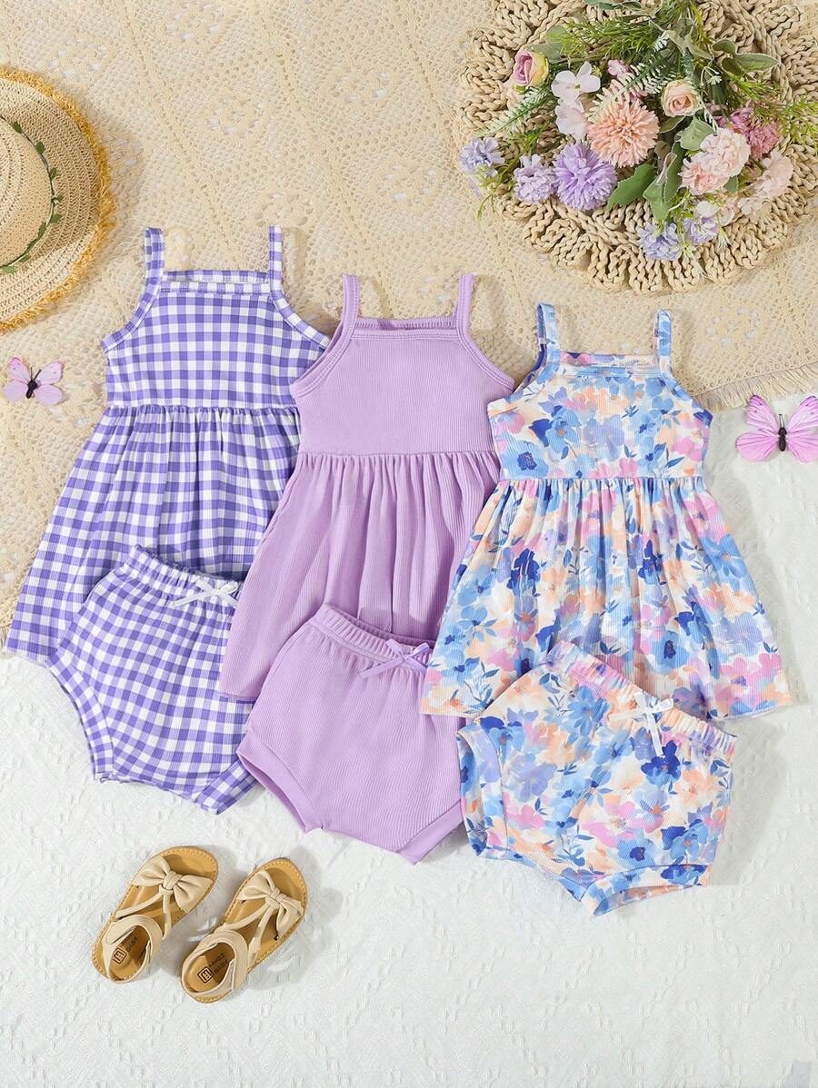 Playful Pals 3pcs Baby Girl Cute Ribbed Knit Cami Dress & Bloomer Shorts Set, Soft Floral & Gingham Print Summer Vacation Outfits