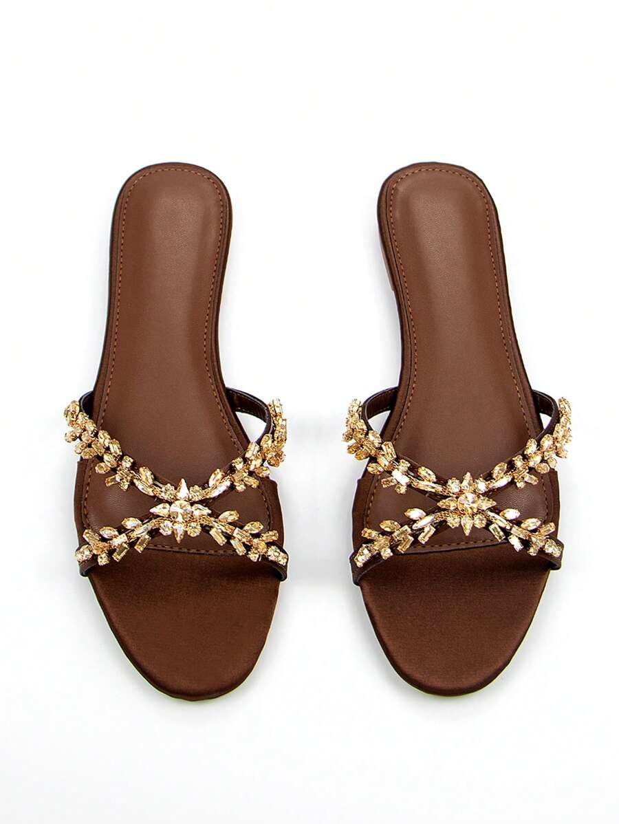 Women's Elegant Crystal Embellished Champagne Gold Strap Decor Black Satin Pointed Toe  Flat Sandals