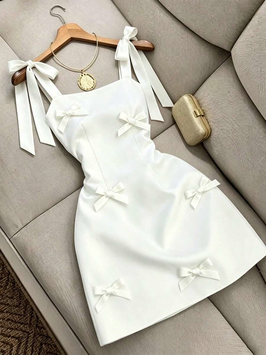 Fashion Casual Elegant Fitted Shoulder Strap Bowknot Decor Women Long Dress