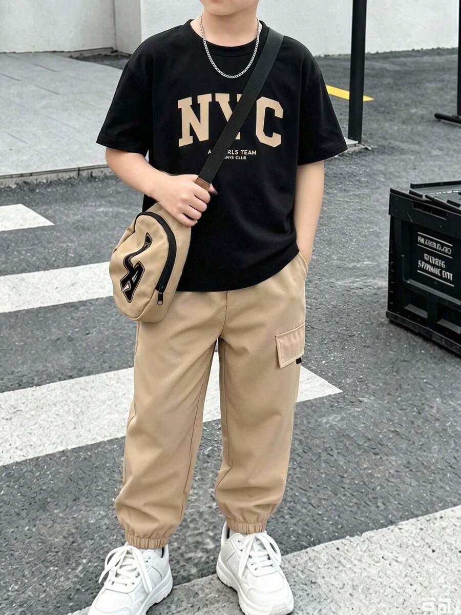 Short Sleeve T-Shirt & Apricot Cargo Tapered Long Pants Casual Versatile Set