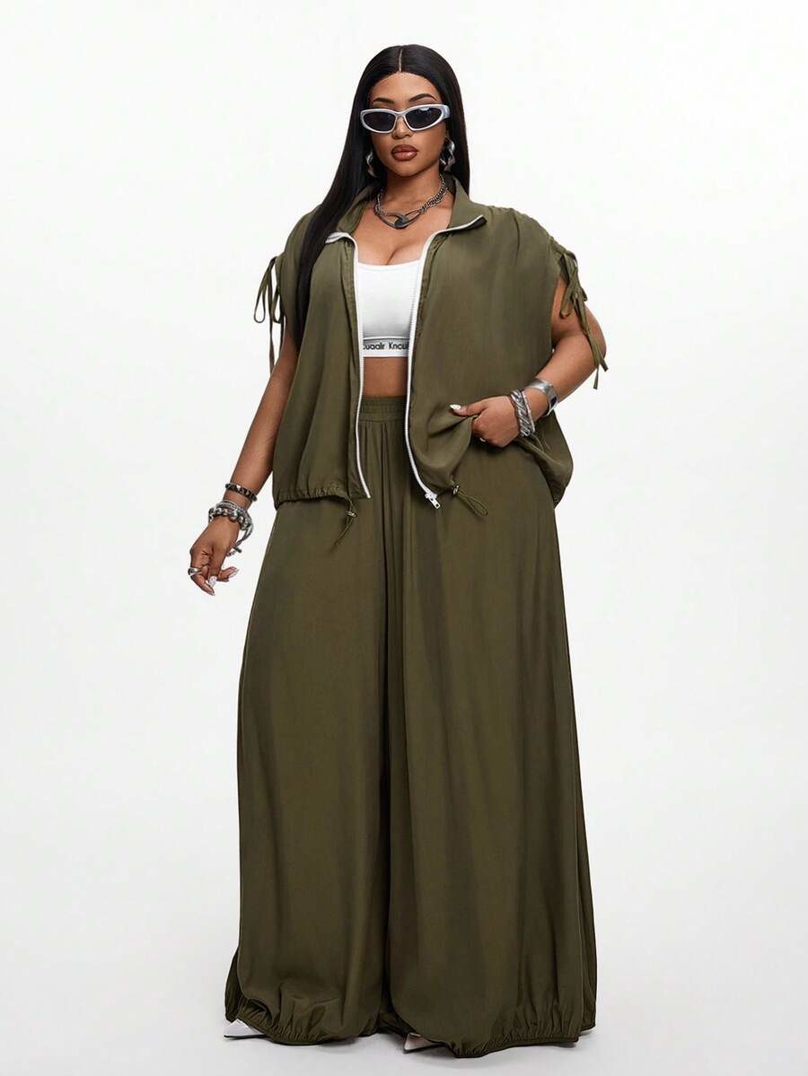 Plus Size Women's Zipper Top And Wide Leg Pants Casual Daily 2 Pieces Set