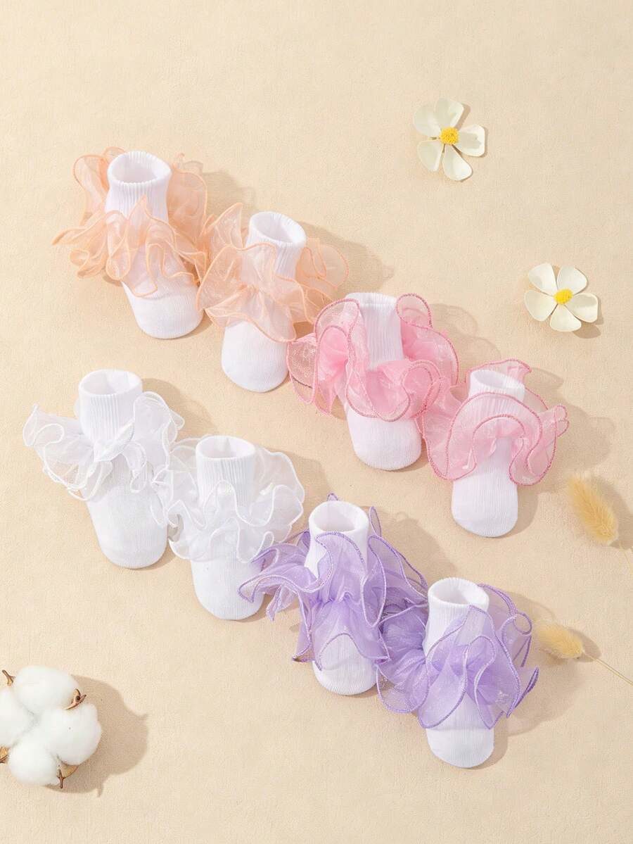1 Pair Girls Solid Color Ruffle Trim Cute Daily Ankle Socks