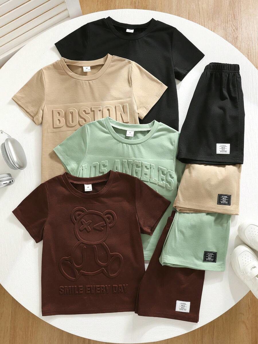 8pcs/Set Young Boys' Casual Summer Short Sleeve T-Shirt And Shorts Set