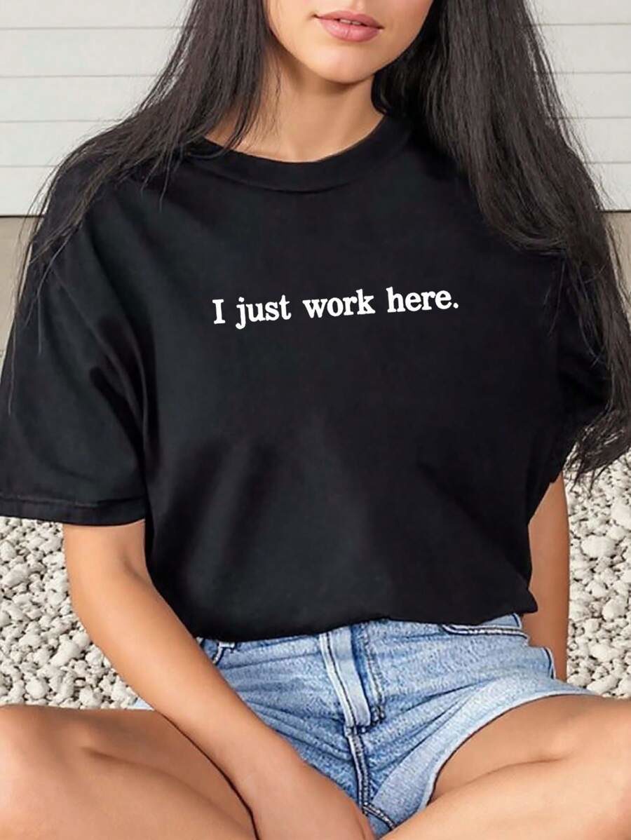 Plus Size Women Casual Cargo Letter Print Neck Drop Shoulder T-Shirt