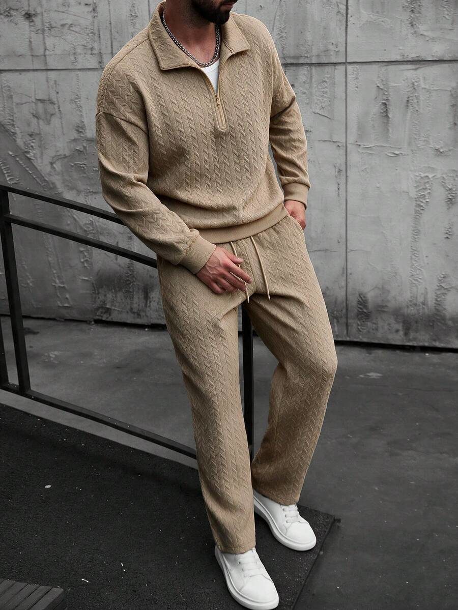 Men's 2 Pieces Set With Half-Zip Polo Shirt And Drawstring Straight Leg Pants