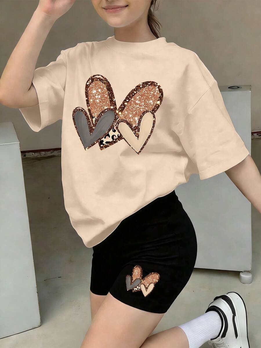2pcs/Set Girls Heart Print Short Sleeve T-Shirt And Bike Shorts Set
