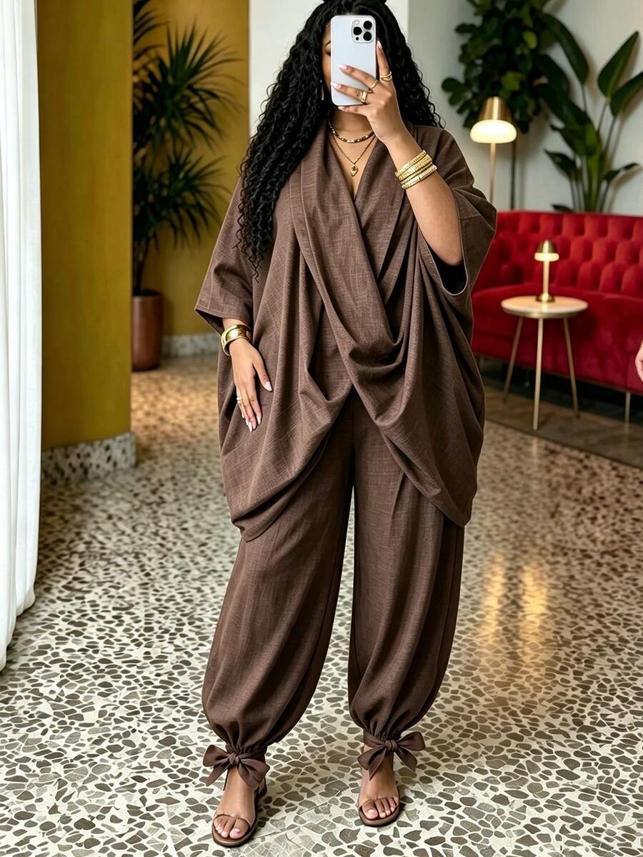 Asymmetrical Design Top With Cuffed Carrot Pants Loose Plus Size 2 Pieces Set