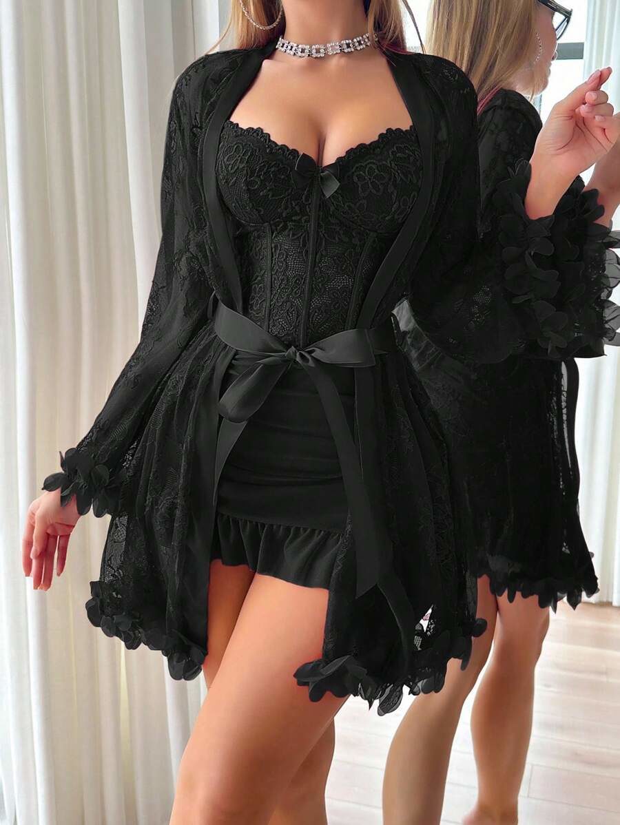 Waist Design Lace Camisole Nightgown Lingerie With Sleeves Lace Robe Set