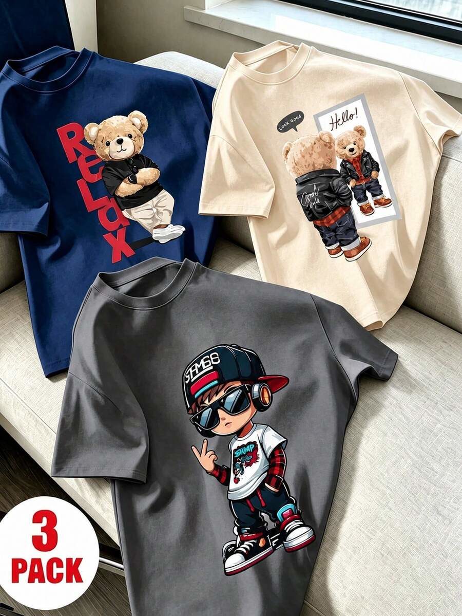 3pcs/Set Tween Boy Casual Sports Graphic Print Short Sleeve T-Shirt