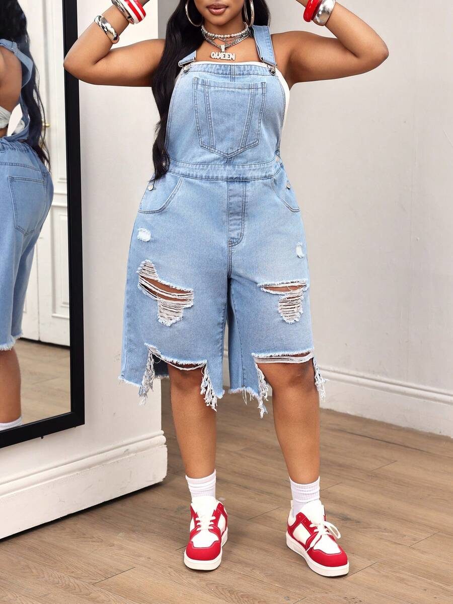 Plus Size Women's All-Season Denim Overalls With Large Pockets