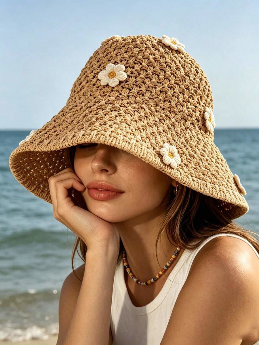 1pc Bucket Hat/Foldable Straw Hat/ / Hollow Out Sun Protection Hat/Hair
