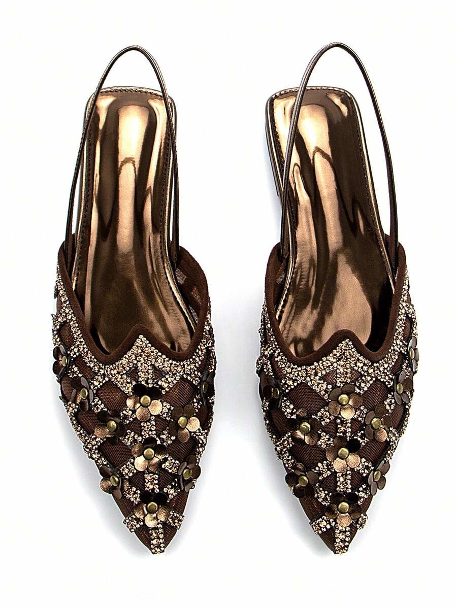 Rhinestone & Rivet Decorated Flower Bronze Suede Closed Toe Slingback Flats
