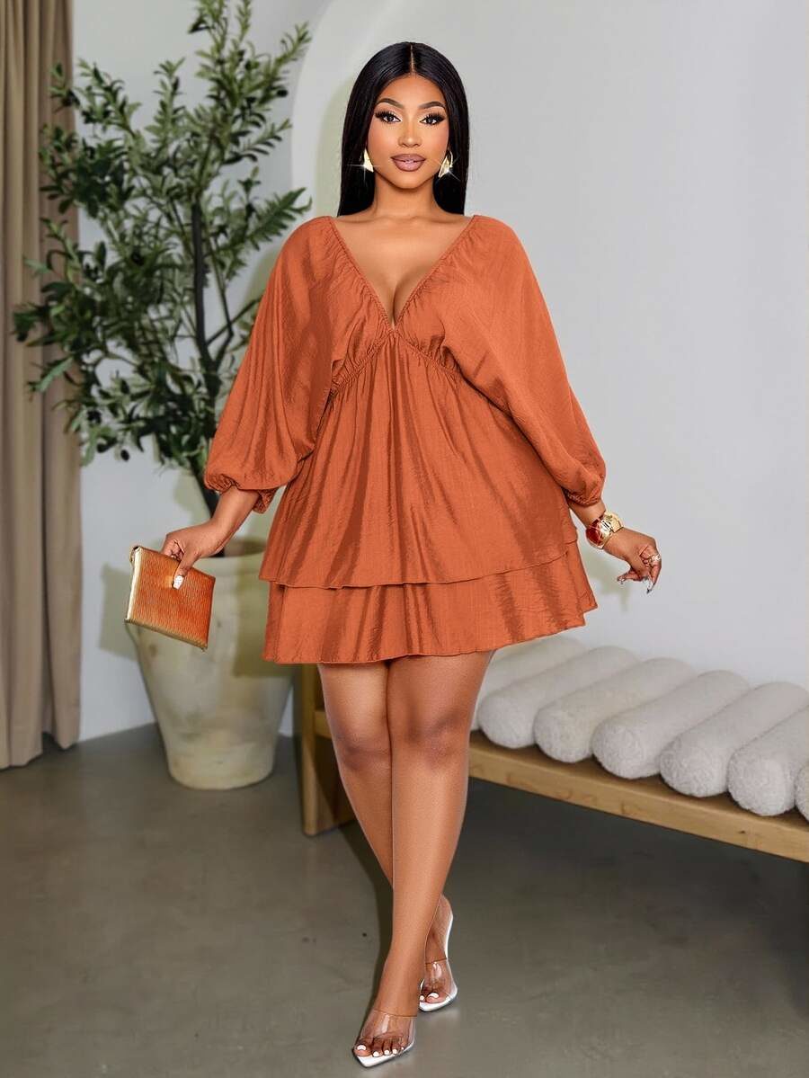 Plus Size Rust Orange Elegant Ninang Casual V-Neck Double-Layered Hem Mini Dress