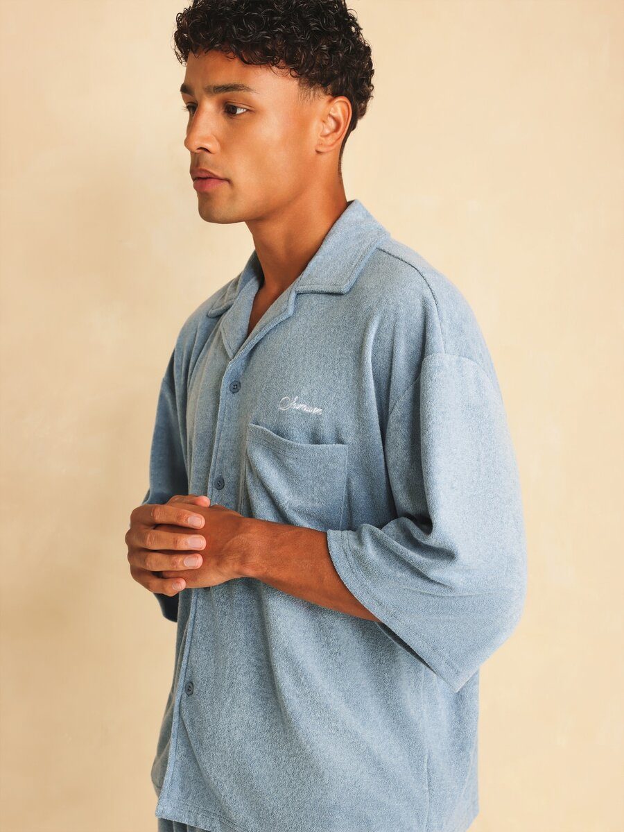 Towelling Co-Ord Set With Cuban Collar Oversized Shirt And Matching Shorts