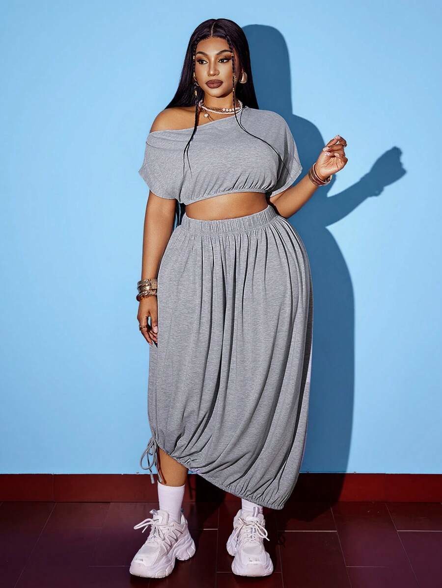 Plus Size Women's And Grey Asymmetric Drawstring Hem Skirt Casual 2-Piece Set