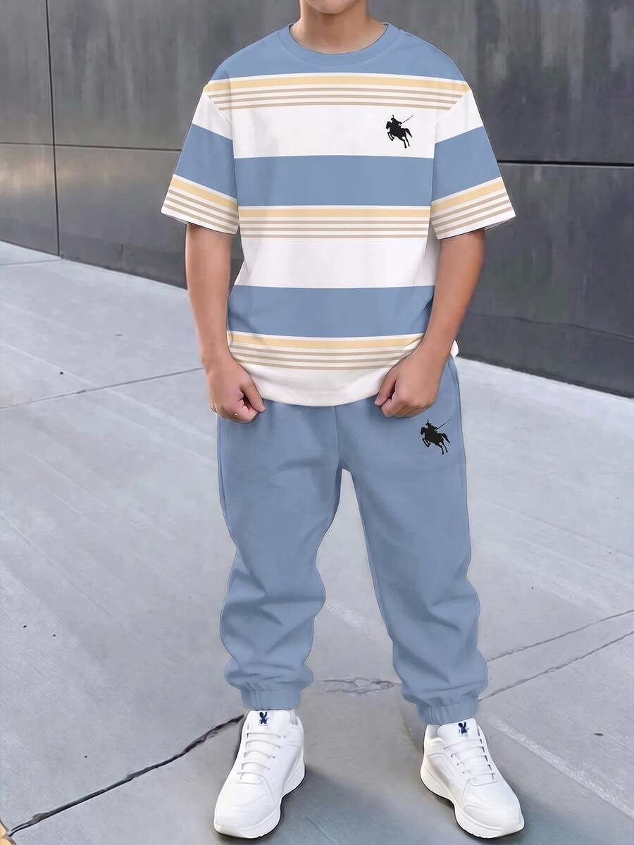 Kids Boys Striped Colorblock Short Sleeve T-Shirt + Knight Print Long Pants Set