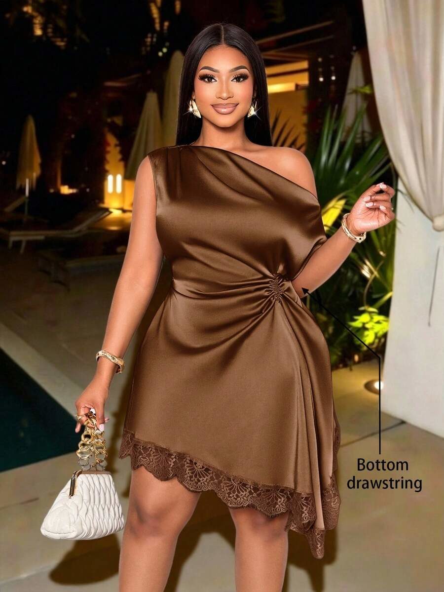 Color Satin Asymmetrical Neckline Drawstring Pleated Lace Textured Short Dress