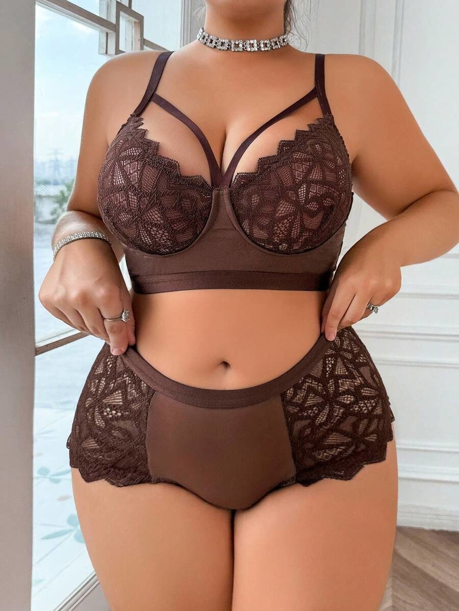 Plus Size 2pcs Lace Patchwork Wireless Sexy Bra And Panty Lingerie Set