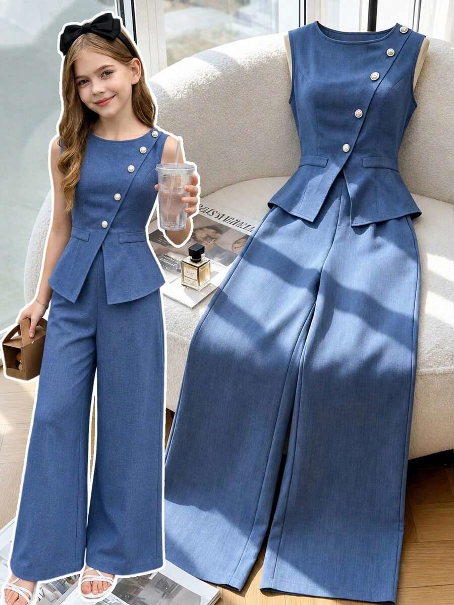 Children's Casual Cute Elegant Shiny Jacquard Pearl Button Cardigan Long Pants