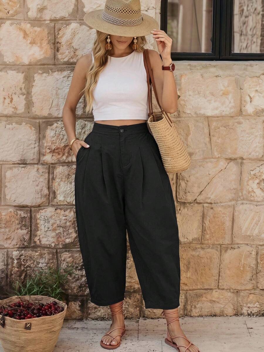 Women's Solid Color High Waist Pleated Loose Straight Leg Cropped Pants