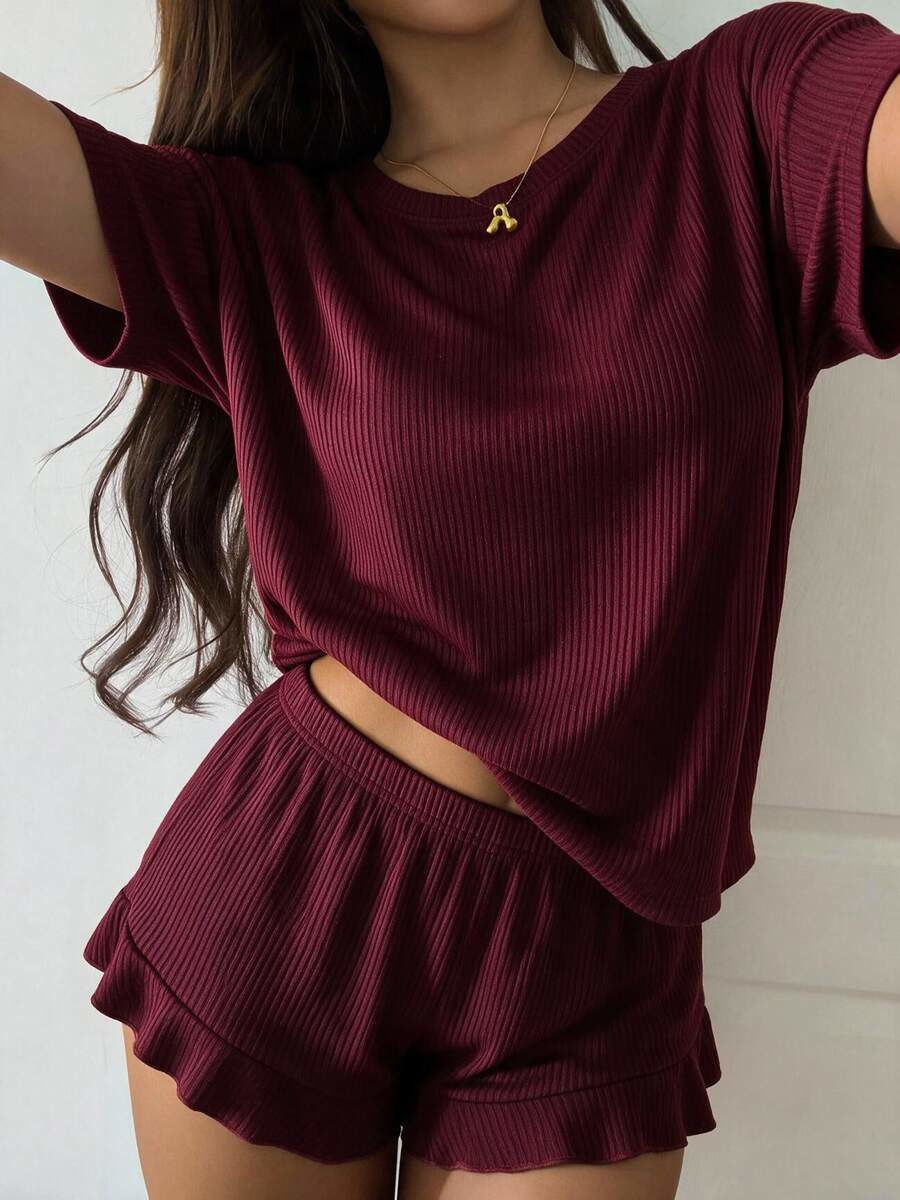 2pcs Women's Solid Color Ribbed Knit Pajama Set