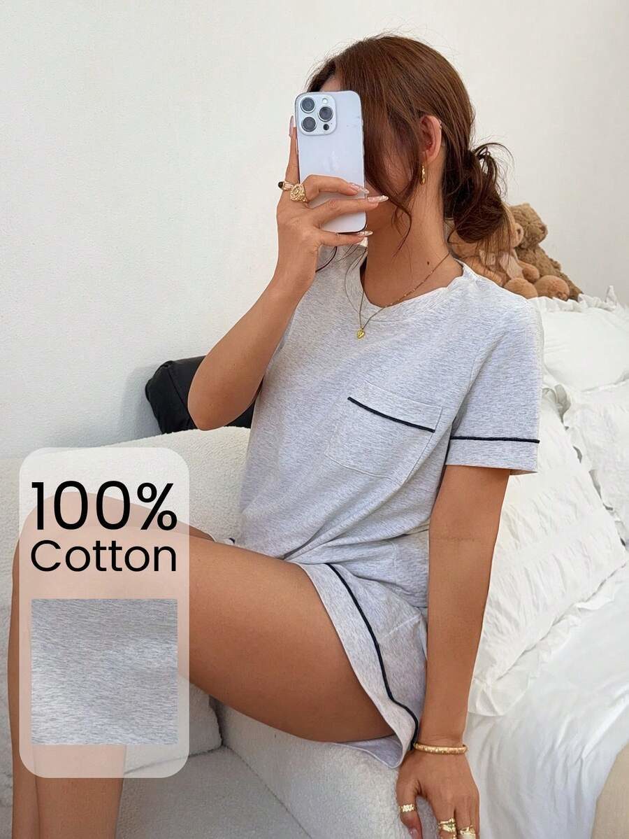 Women's Knit Round Neck Short Sleeve Trim Shorts Pajama Set