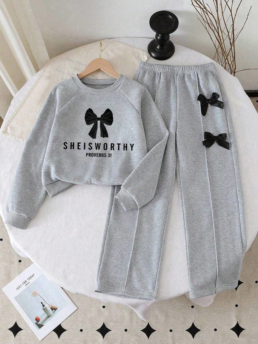 Tween Girl Bow Pattern Print Crew Neck Sweatshirt And Bow Decor Pants